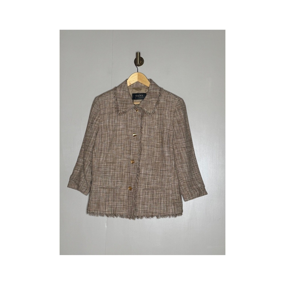 Dana Buchman 100% Silk Tweed Lady Jacket Fringe Gold Buttons Brown Size 12